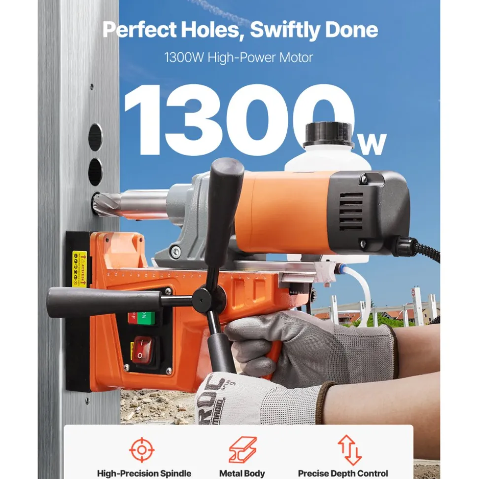 VEVOR Magnetic Drill, 1300W Motor 1.6 in Boring Diameter, 2810 lbf Portable Electric Mag Drill Press, 810 RPM No-Load Speed, Drilling Machine for Metal Surface, Industrial and Home Improvement