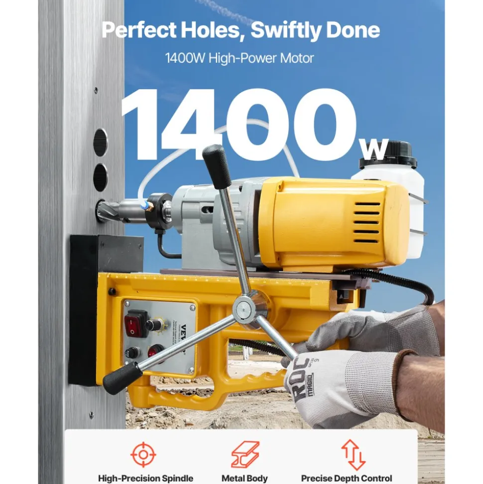 VEVOR Magnetic Drill, 1400W Motor 2 in Boring Diameter, 2922 lbf Portable Electric Mag Drill Press, 0-750 RPM Variable Speed, Drilling Machine for Metal Surface, Industrial and Home Improvement