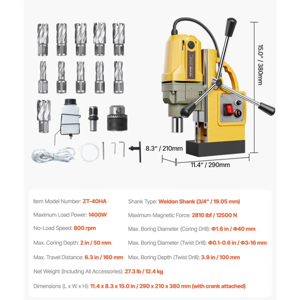 VEVOR Magnetic Drill, 1400W Motor 1.6 in Boring Diameter, 2810 lbf Portable Electric Mag Drill Press, with 11 Coring Bits, 800 RPM Speed, Drilling Machine for Metal Surface, Home Improvement Industry