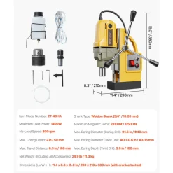 VEVOR Magnetic Drill, 1400W Motor 1.6 in Boring Diameter, 2810 lbf Portable Electric Mag Drill Press, 800 RPM No-Load Speed, Drilling Machine for Metal Surface, Industrial and Home Improvement