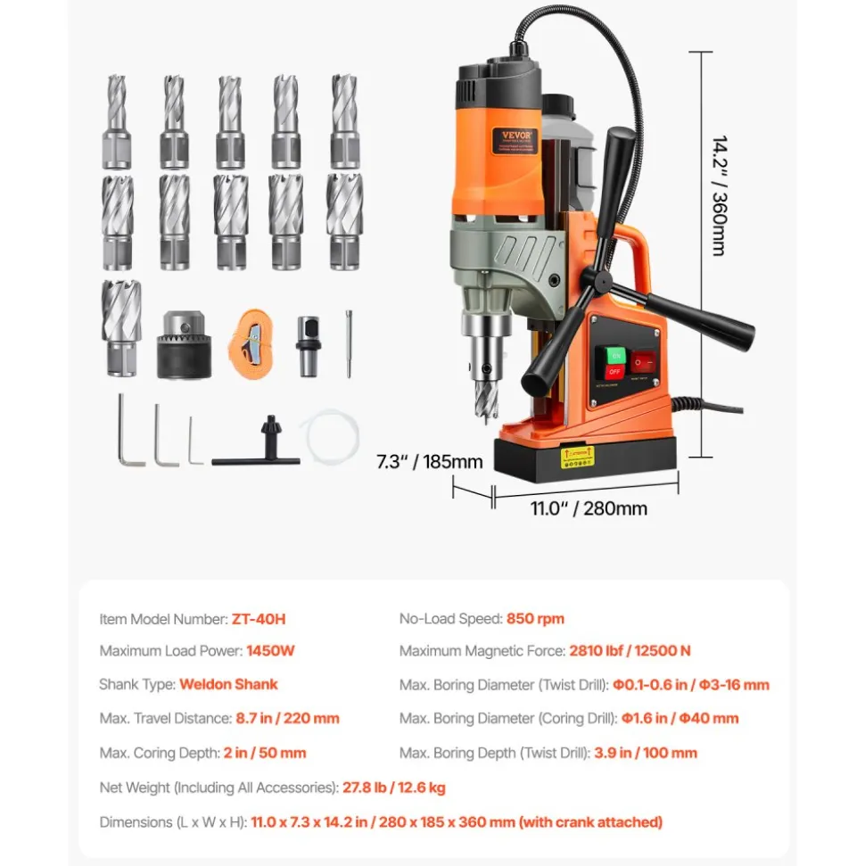 VEVOR Magnetic Drill, 1450W Motor 1.6 in Boring Diameter, 2810 lbf Portable Electric Mag Drill Press, with 11 Coring Bits, 850 RPM Speed, Drilling Machine for Metal Surface, Home Improvement Industry