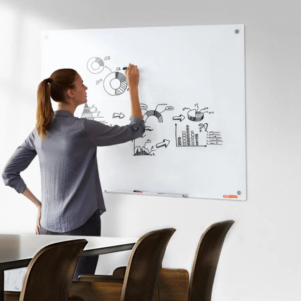 VEVOR Magnetic Glass Whiteboard, Dry Erase Board 48"x32", Wall-Mounted Large White Glassboard Frameless, with Marker Tray, an Eraser and 2 Markers, White