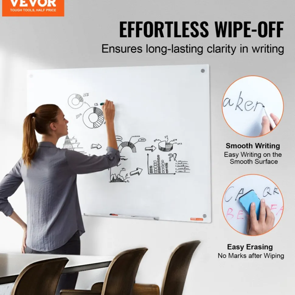 VEVOR Magnetic Glass Whiteboard, Dry Erase Board 48"x32", Wall-Mounted Large White Glassboard Frameless, with Marker Tray, an Eraser and 2 Markers, White