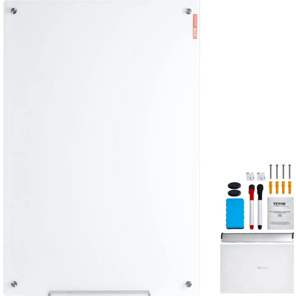 VEVOR Magnetic Glass Whiteboard, Dry Erase Board 48"x32", Wall-Mounted Large White Glassboard Frameless, with Marker Tray, an Eraser and 2 Markers, White