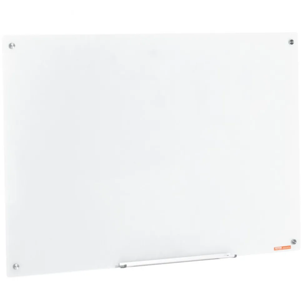 VEVOR Magnetic Glass Whiteboard, Dry Erase Board 48"x32", Wall-Mounted Large White Glassboard Frameless, with Marker Tray, an Eraser and 2 Markers, White