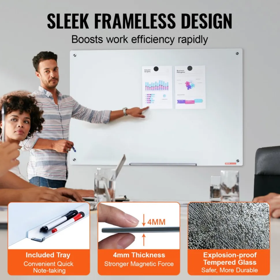 VEVOR Magnetic Glass Whiteboard, Dry Erase Board 48"x32", Wall-Mounted Large White Glassboard Frameless, with Marker Tray, an Eraser and 2 Markers, White