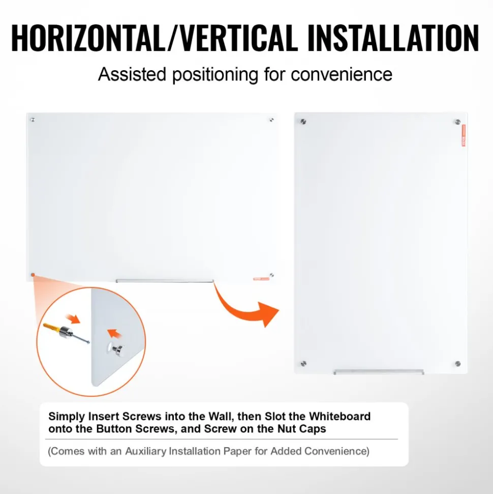 VEVOR Magnetic Glass Whiteboard, Dry Erase Board 48"x32", Wall-Mounted Large White Glassboard Frameless, with Marker Tray, an Eraser and 2 Markers, White