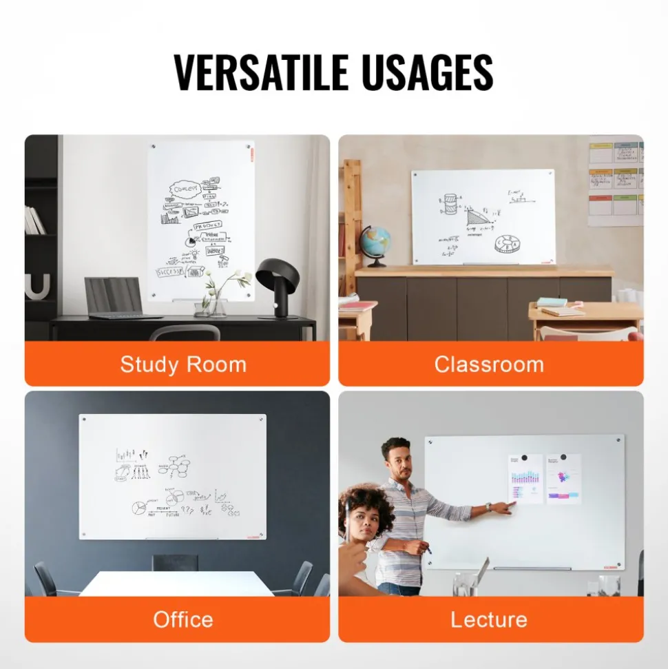 VEVOR Magnetic Glass Whiteboard, Dry Erase Board 48"x32", Wall-Mounted Large White Glassboard Frameless, with Marker Tray, an Eraser and 2 Markers, White