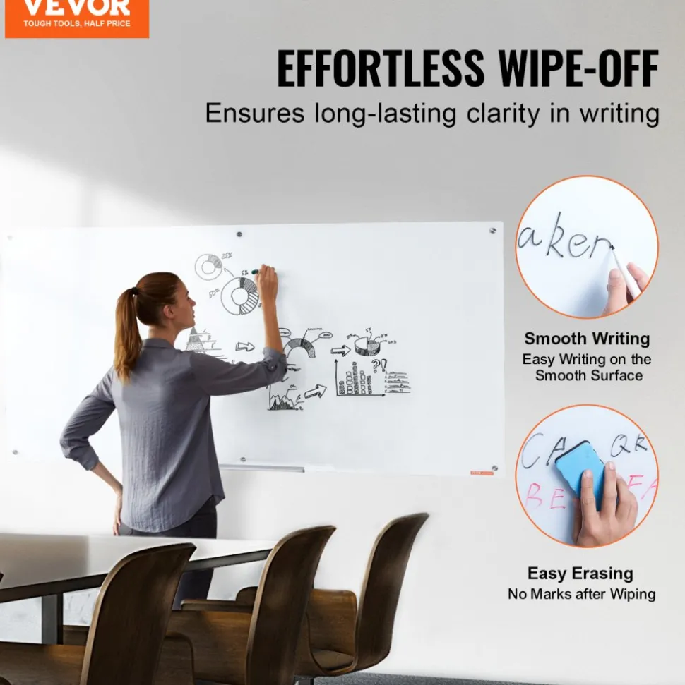 VEVOR Magnetic Glass Whiteboard, Dry Erase Board 36"x24", Wall-Mounted Large White Glassboard Frameless, with Marker Tray, an Eraser and 2 Markers, Black
