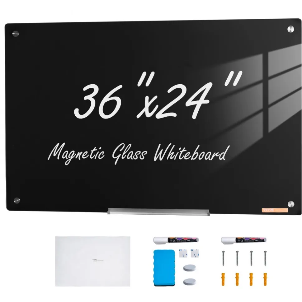 VEVOR Magnetic Glass Whiteboard, Dry Erase Board 36"x24", Wall-Mounted Large White Glassboard Frameless, with Marker Tray, an Eraser and 2 Markers, Black