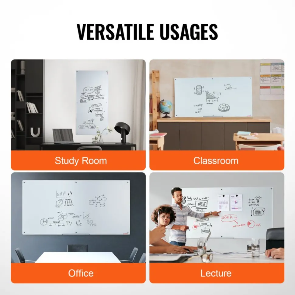 VEVOR Magnetic Glass Whiteboard, Dry Erase Board 36"x24", Wall-Mounted Large White Glassboard Frameless, with Marker Tray, an Eraser and 2 Markers, Black