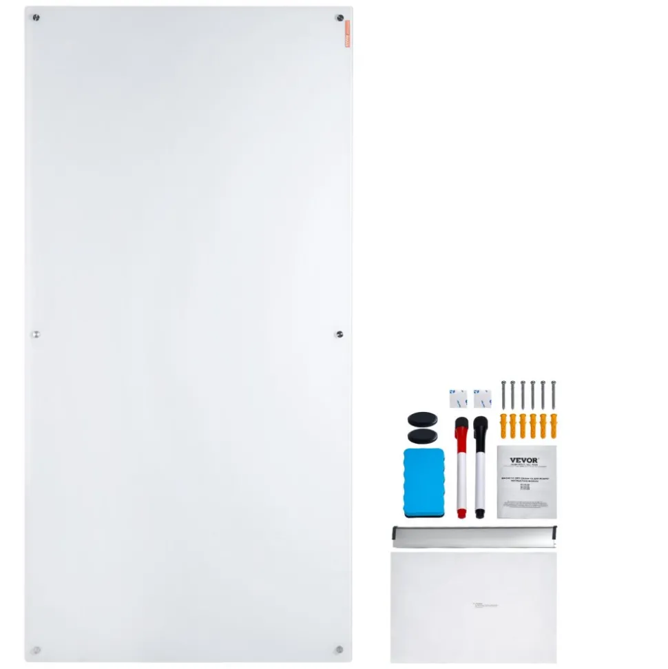 VEVOR Magnetic Glass Whiteboard, Dry Erase Board 36"x24", Wall-Mounted Large White Glassboard Frameless, with Marker Tray, an Eraser and 2 Markers, Black