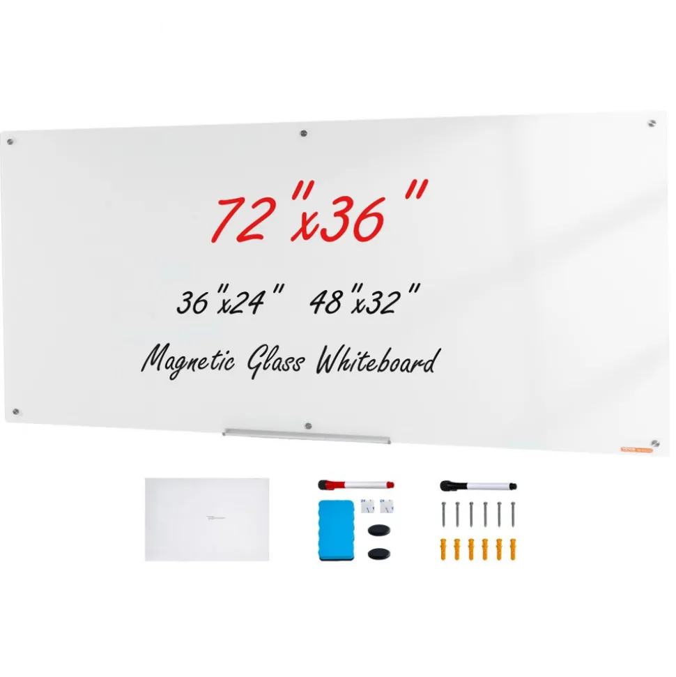 VEVOR Magnetic Glass Whiteboard, Dry Erase Board 36"x24", Wall-Mounted Large White Glassboard Frameless, with Marker Tray, an Eraser and 2 Markers, Black
