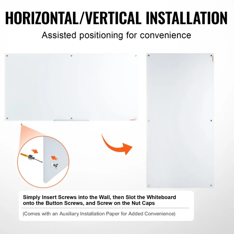VEVOR Magnetic Glass Whiteboard, Dry Erase Board 36"x24", Wall-Mounted Large White Glassboard Frameless, with Marker Tray, an Eraser and 2 Markers, Black