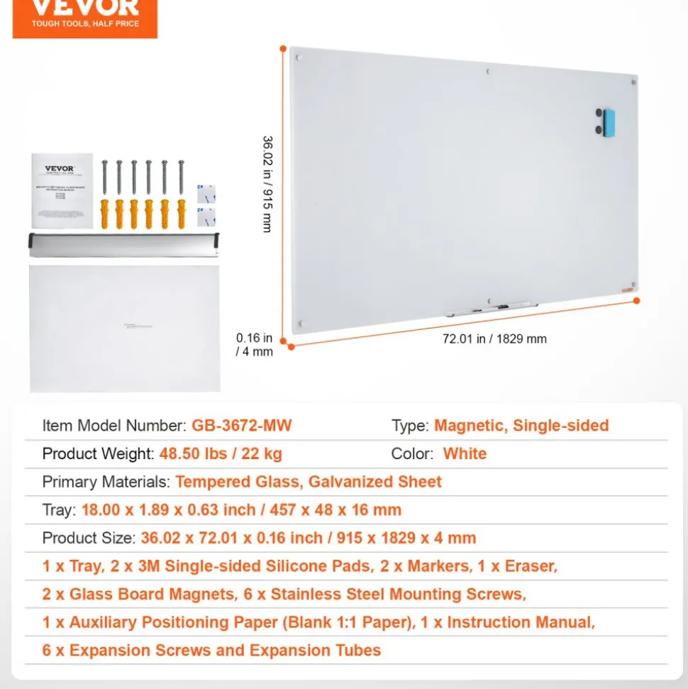 VEVOR Magnetic Glass Whiteboard, Dry Erase Board 36"x24", Wall-Mounted Large White Glassboard Frameless, with Marker Tray, an Eraser and 2 Markers, Black