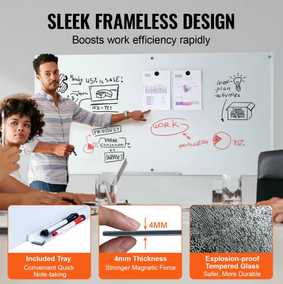 VEVOR Magnetic Glass Whiteboard, Dry Erase Board 36"x24", Wall-Mounted Large White Glassboard Frameless, with Marker Tray, an Eraser and 2 Markers, Black