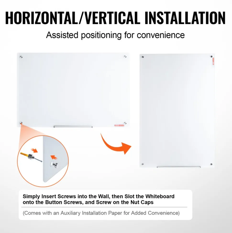 VEVOR Magnetic Glass Whiteboard, Dry Erase Board 36"x24", Wall-Mounted Large White Glassboard Frameless, with Marker Tray, an Eraser and 2 Markers, White
