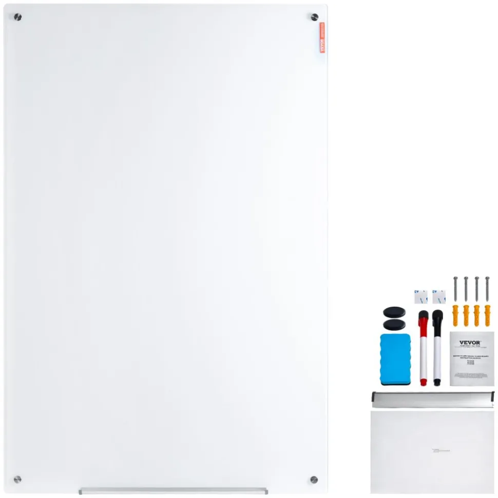 VEVOR Magnetic Glass Whiteboard, Dry Erase Board 36"x24", Wall-Mounted Large White Glassboard Frameless, with Marker Tray, an Eraser and 2 Markers, White
