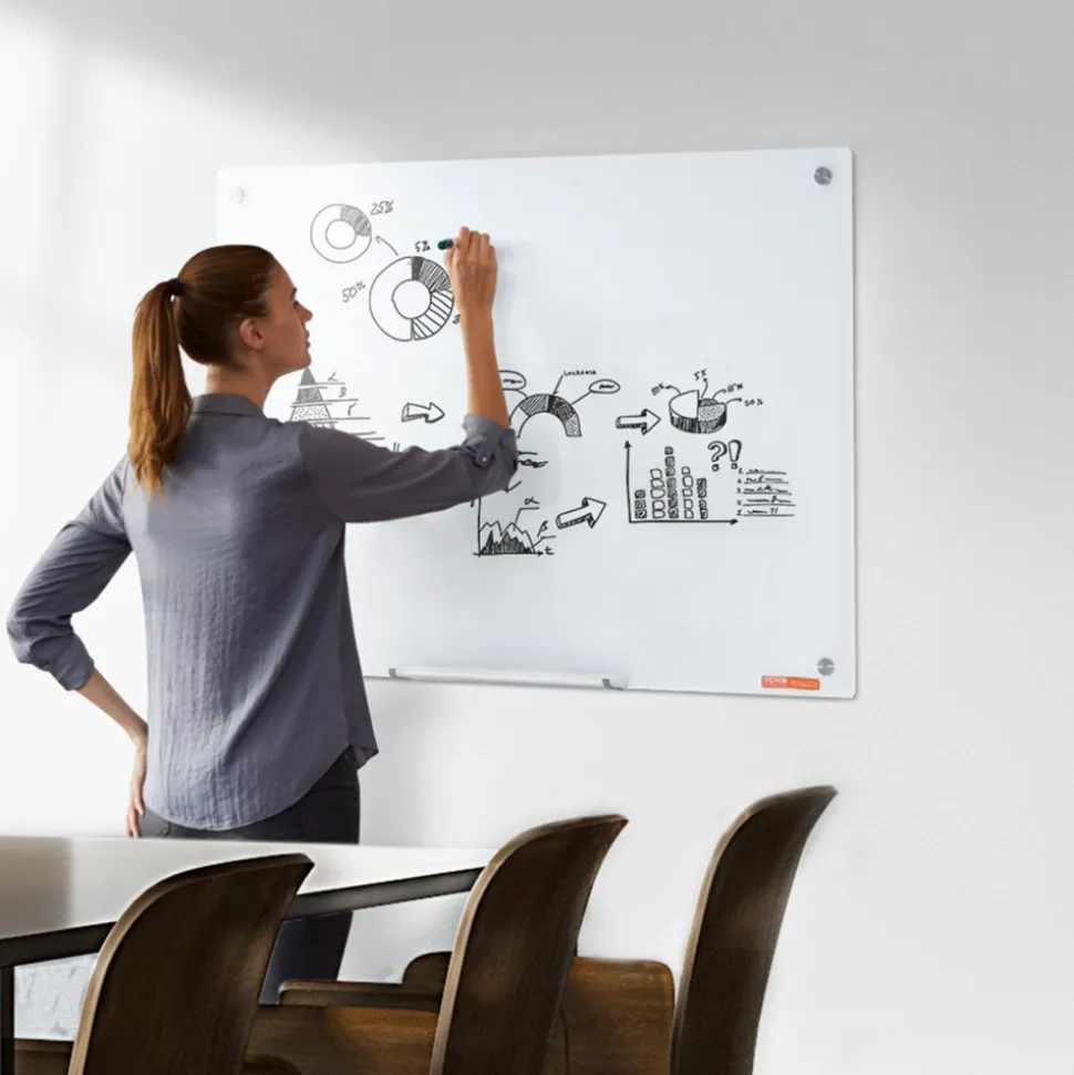 VEVOR Magnetic Glass Whiteboard, Dry Erase Board 36"x24", Wall-Mounted Large White Glassboard Frameless, with Marker Tray, an Eraser and 2 Markers, White