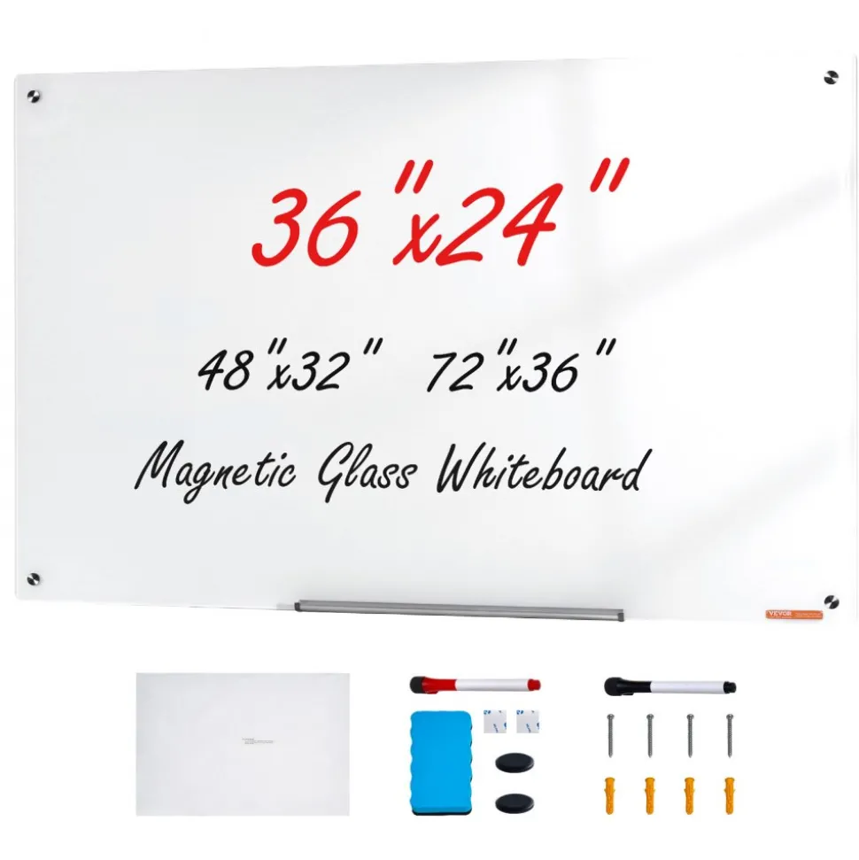 VEVOR Magnetic Glass Whiteboard, Dry Erase Board 36"x24", Wall-Mounted Large White Glassboard Frameless, with Marker Tray, an Eraser and 2 Markers, White