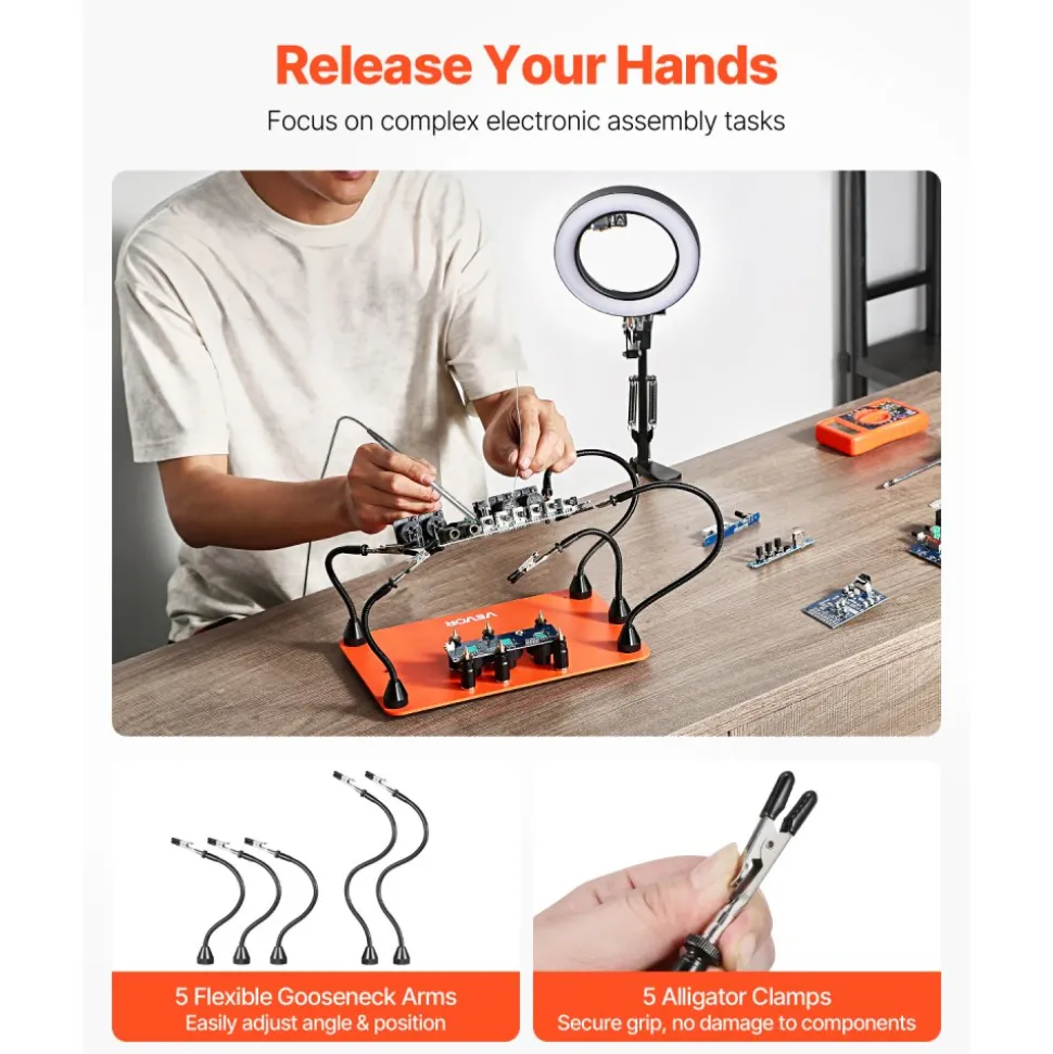 VEVOR Magnetic Helping Hands Soldering Station, 4 Flexible Arms Third Hand Tool, with Alligator Clips & Non-Slip Heavy-Duty Steel Base, Soldering Helping Hands for Electronic Repair Craft Hobby DIY