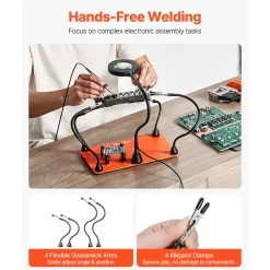 VEVOR Magnetic Helping Hands Soldering Station, 4 Flexible Arms Third Hand Soldering Tool, with 3X LED Magnifying Lamp, 4 PCB Pillar Holder & Heavy-Duty Base, Electronic Repair Craft Hobby DIY