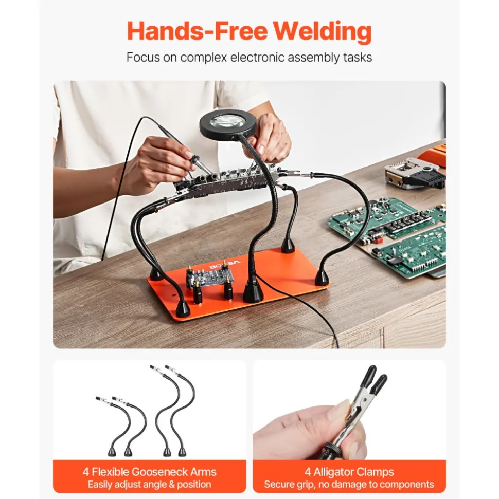 VEVOR Magnetic Helping Hands Soldering Station, 4 Flexible Arms Third Hand Soldering Tool, with 3X LED Magnifying Lamp, 4 PCB Pillar Holder & Heavy-Duty Base, Electronic Repair Craft Hobby DIY