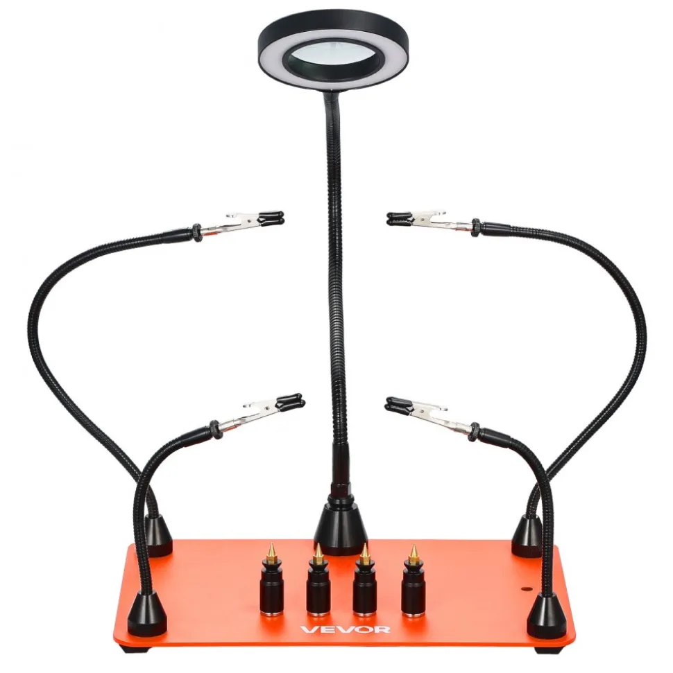 VEVOR Magnetic Helping Hands Soldering Station, 4 Flexible Arms Third Hand Soldering Tool, with 3X LED Magnifying Lamp, 4 PCB Pillar Holder & Heavy-Duty Base, Electronic Repair Craft Hobby DIY