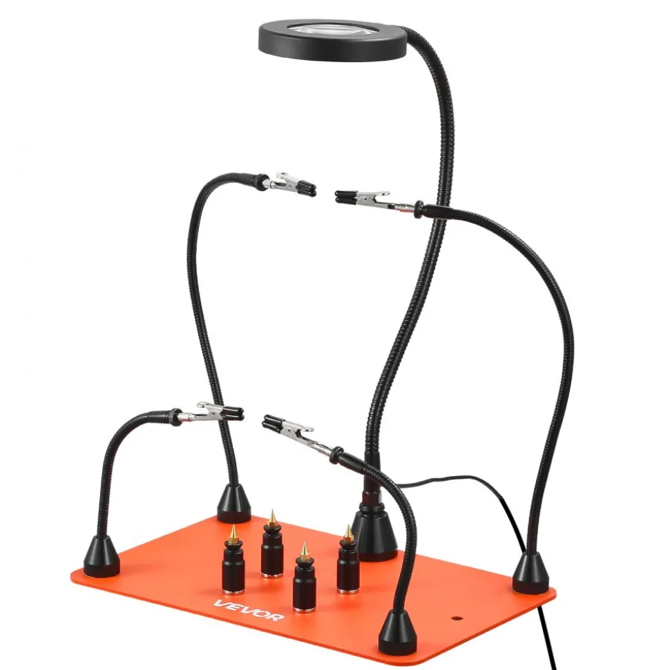 VEVOR Magnetic Helping Hands Soldering Station, 4 Flexible Arms Third Hand Soldering Tool, with 3X LED Magnifying Lamp, 4 PCB Pillar Holder & Heavy-Duty Base, Electronic Repair Craft Hobby DIY