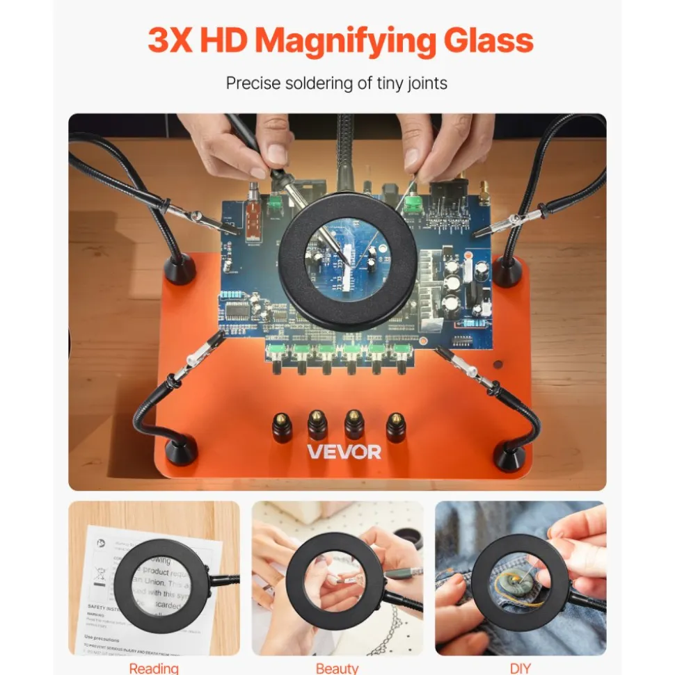 VEVOR Magnetic Helping Hands Soldering Station, 4 Flexible Arms Third Hand Soldering Tool, with 3X LED Magnifying Lamp, 4 PCB Pillar Holder & Heavy-Duty Base, Electronic Repair Craft Hobby DIY