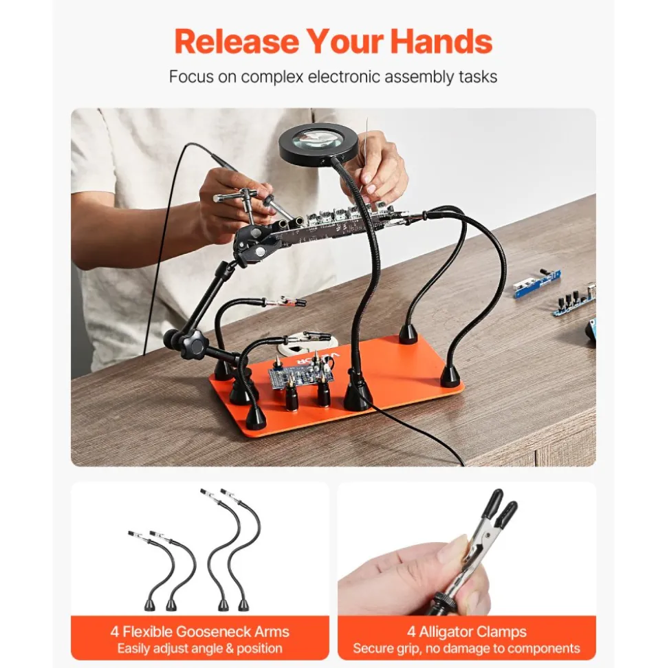 VEVOR Magnetic Helping Hands Soldering Station, Third Hand Soldering Tool with 3X LED Magnifying Lamp, 4 PCB Holders & 360 Hot Air Gun Holder, Heavy-Duty Base Station for Electronic Repair Craft Hobby