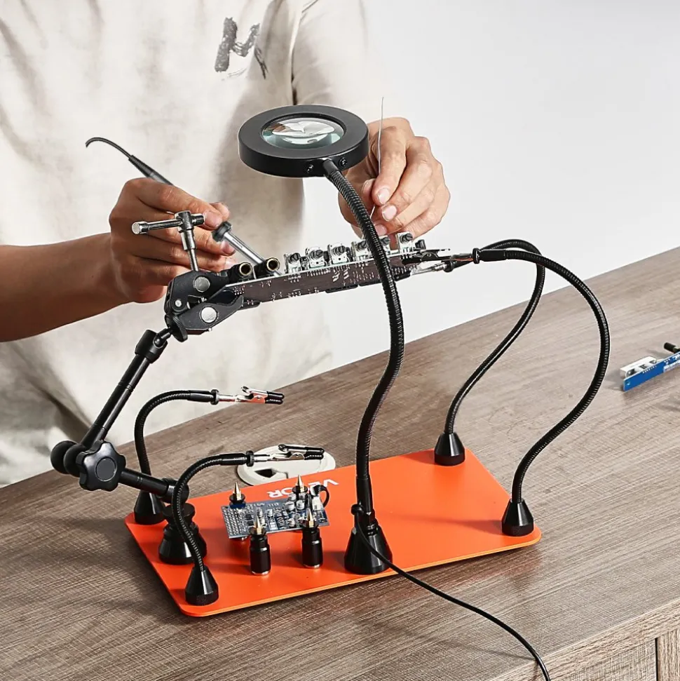 VEVOR Magnetic Helping Hands Soldering Station, Third Hand Soldering Tool with 3X LED Magnifying Lamp, 4 PCB Holders & 360 Hot Air Gun Holder, Heavy-Duty Base Station for Electronic Repair Craft Hobby