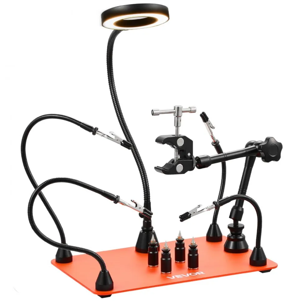 VEVOR Magnetic Helping Hands Soldering Station, Third Hand Soldering Tool with 3X LED Magnifying Lamp, 4 PCB Holders & 360 Hot Air Gun Holder, Heavy-Duty Base Station for Electronic Repair Craft Hobby