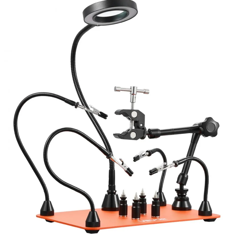 VEVOR Magnetic Helping Hands Soldering Station, Third Hand Soldering Tool with 3X LED Magnifying Lamp, 4 PCB Holders & 360 Hot Air Gun Holder, Heavy-Duty Base Station for Electronic Repair Craft Hobby