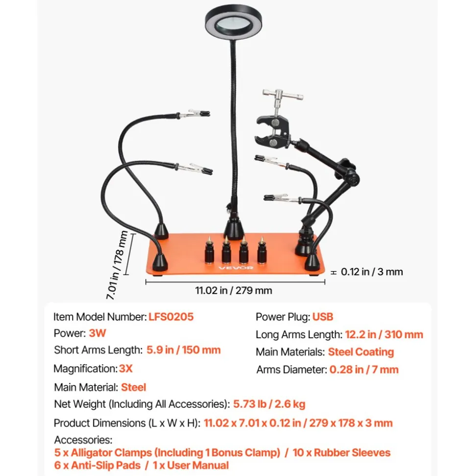 VEVOR Magnetic Helping Hands Soldering Station, Third Hand Soldering Tool with 3X LED Magnifying Lamp, 4 PCB Holders & 360 Hot Air Gun Holder, Heavy-Duty Base Station for Electronic Repair Craft Hobby
