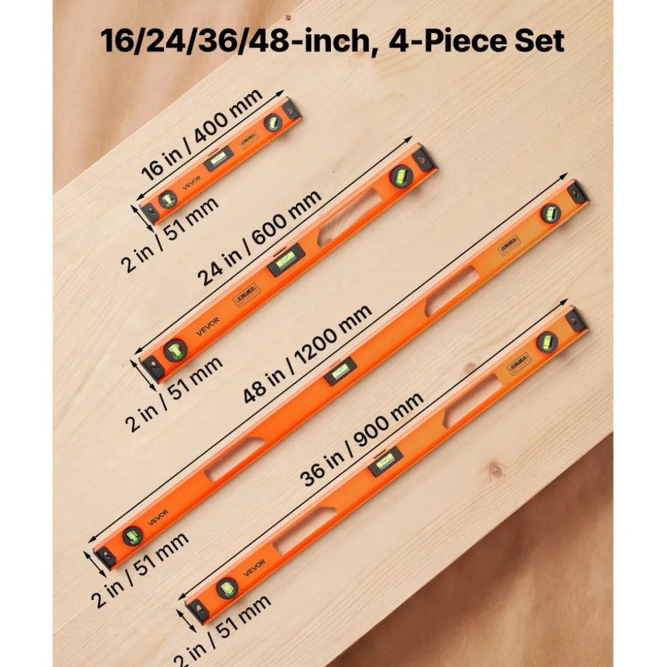 VEVOR Magnetic Level Set, 4-Piece Included 16/24/36/48 in, Aluminum Alloy I-Beam Bubble Leveler with Clear 3 Green Vials & Hanging Hole, Level Tool Ideal for Hanging Pictures, Home Improvement & DIY