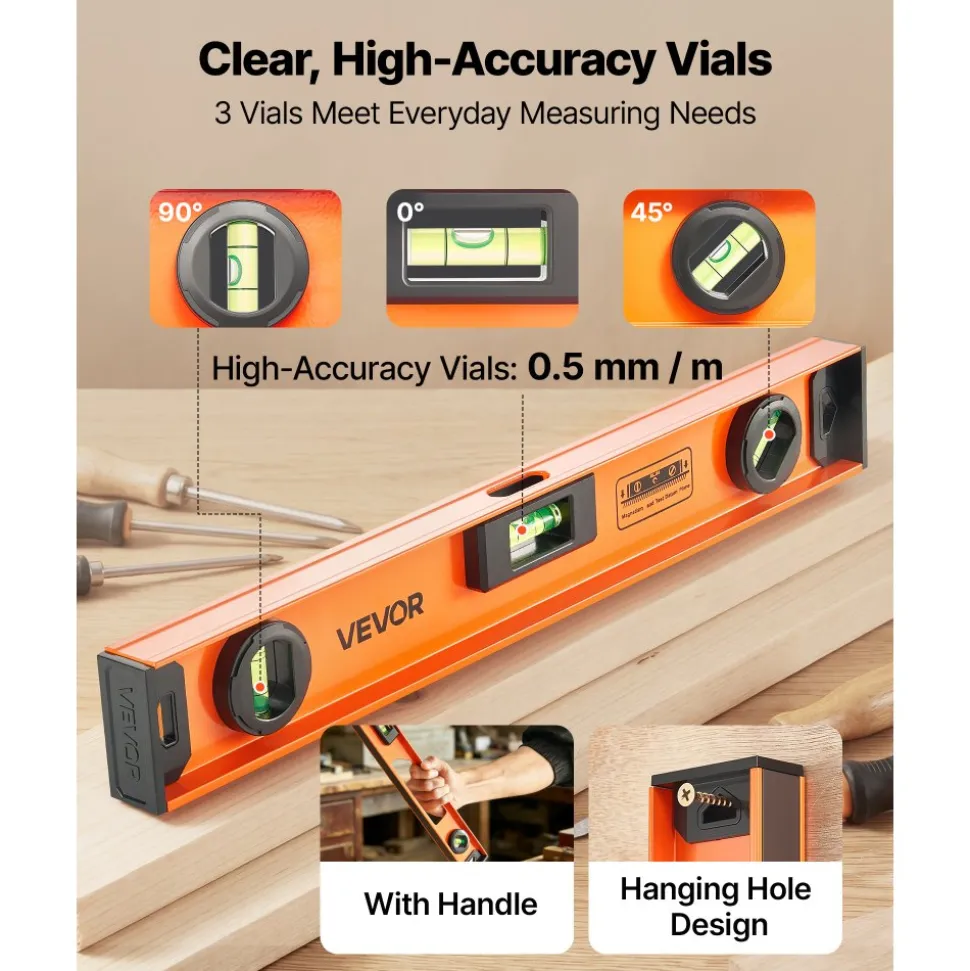 VEVOR Magnetic Level Set, 4-Piece Included 16/24/36/48 in, Aluminum Alloy I-Beam Bubble Leveler with Clear 3 Green Vials & Hanging Hole, Level Tool Ideal for Hanging Pictures, Home Improvement & DIY