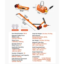 VEVOR Magnetic Lid Lifter Dolly, 1320 lbs Pulling Capacity, Steel Dolly with Heavy Duty Magnet Lift and 2 Wheels, Adjustable Handle, N42 Neodymium, Foldable and Portable, for Lifting Manhole Covers
