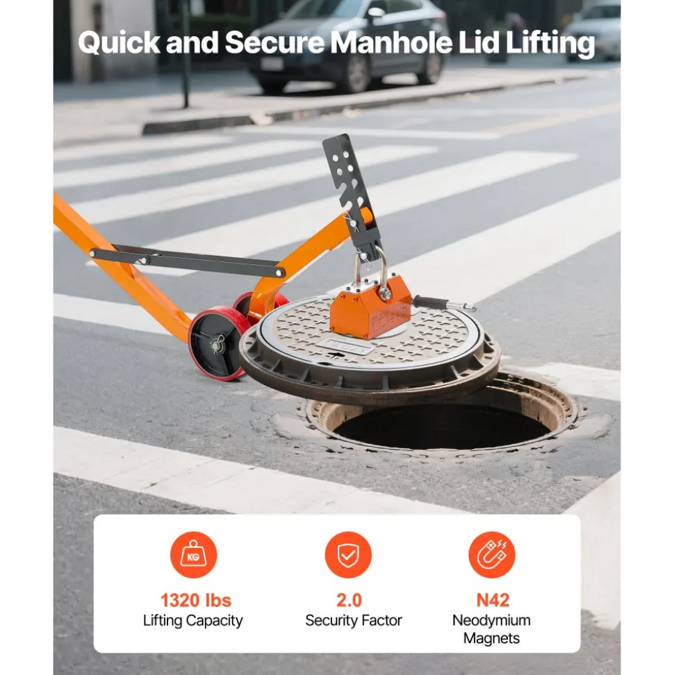 VEVOR Magnetic Lid Lifter Dolly, 1320 lbs Pulling Capacity, Steel Dolly with Heavy Duty Magnet Lift and 2 Wheels, Adjustable Handle, N42 Neodymium, Foldable and Portable, for Lifting Manhole Covers