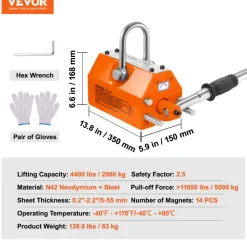 VEVOR Magnetic Lifter, 4400lbs/2000kg Pulling Capacity, 2.5 Safety Factor, Neodymium & Steel, Lifting Magnet with Release, Permanent Lift Magnets, Heavy Duty Magnet for Hoist, Shop Crane, Block, Board