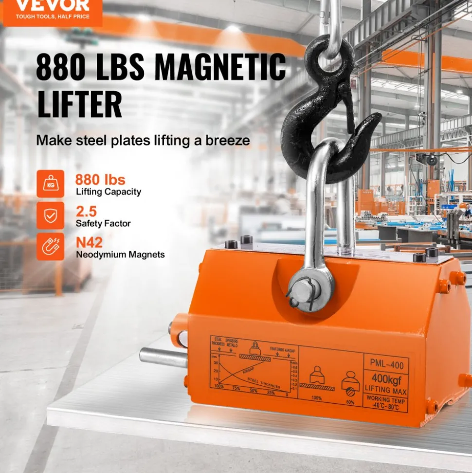 VEVOR Magnetic Lifter, 880 lbs/400 kg Pulling Capacity, 2.5 Safety Factor, Neodymium & Steel, Lifting Magnet with Release, Permanent Lift Magnets, Heavy Duty Magnet for Hoist, Shop Crane, Block, Board