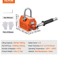 VEVOR Magnetic Lifter, 220 lbs/100 kg Pulling Capacity, 2.5 Safety Factor, Neodymium & Steel, Lifting Magnet with Release, Permanent Lift Magnets, Heavy Duty Magnet for Hoist, Shop Crane, Block, Board
