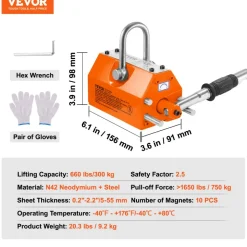 VEVOR Magnetic Lifter, 660 lbs/300 kg Pulling Capacity, 2.5 Safety Factor, Neodymium & Steel, Lifting Magnet with Release, Permanent Lift Magnets, Heavy Duty Magnet for Hoist, Shop Crane, Block, Board