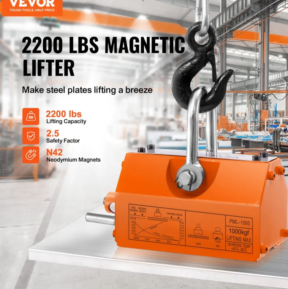 VEVOR Magnetic Lifter, 2200lbs/1000kg Pulling Capacity, 2.5 Safety Factor, Neodymium & Steel, Lifting Magnet with Release, Permanent Lift Magnets, Heavy Duty Magnet for Hoist, Shop Crane, Block, Board