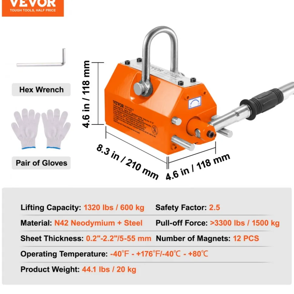VEVOR Magnetic Lifter, 1320 lbs/600kg Pulling Capacity, 2.5 Safety Factor, Steel and Neodymium, Lifting Magnet with Release, Permanent Lift Magnets, Heavy Duty Magnet for Hoist, Block, Shop Crane