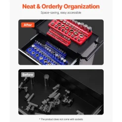 VEVOR Magnetic Socket Organizer Set, 6PCS Socket Holder, 1/4'', 3/8'' & 1/2'' Metric SAE Socket Trays with Clear Labels, Hold up to 143PCS Standard & Deep Sockets, Blue & Red (Sockets Not Included)