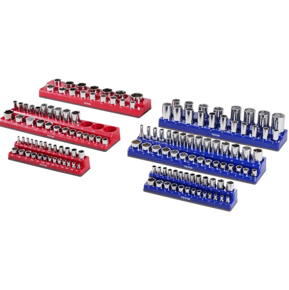 VEVOR Magnetic Socket Organizer Set, 6PCS Socket Holder, 1/4'', 3/8'' & 1/2'' Metric SAE Socket Trays with Clear Labels, Hold up to 143PCS Standard & Deep Sockets, Blue & Red (Sockets Not Included)