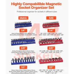 VEVOR Magnetic Socket Organizer Set, 6PCS Socket Holder, 1/4'', 3/8'' & 1/2'' Metric SAE Socket Trays with Clear Labels, Hold up to 143PCS Standard & Deep Sockets, Blue & Red (Sockets Not Included)