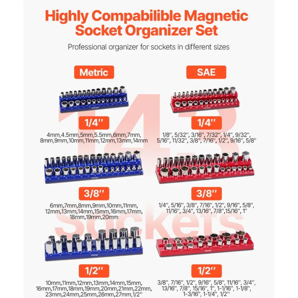 VEVOR Magnetic Socket Organizer Set, 6PCS Socket Holder, 1/4'', 3/8'' & 1/2'' Metric SAE Socket Trays with Clear Labels, Hold up to 143PCS Standard & Deep Sockets, Blue & Red (Sockets Not Included)