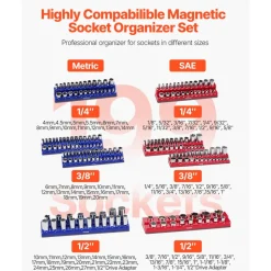 VEVOR Magnetic Socket Organizer Set, 8PCS Socket Holder, 1/4'', 3/8'' & 1/2'' Metric SAE Socket Trays with Clear Labels, Hold up to 199PCS Standard & Deep Sockets, Blaue & Red (Sockets Not Included)